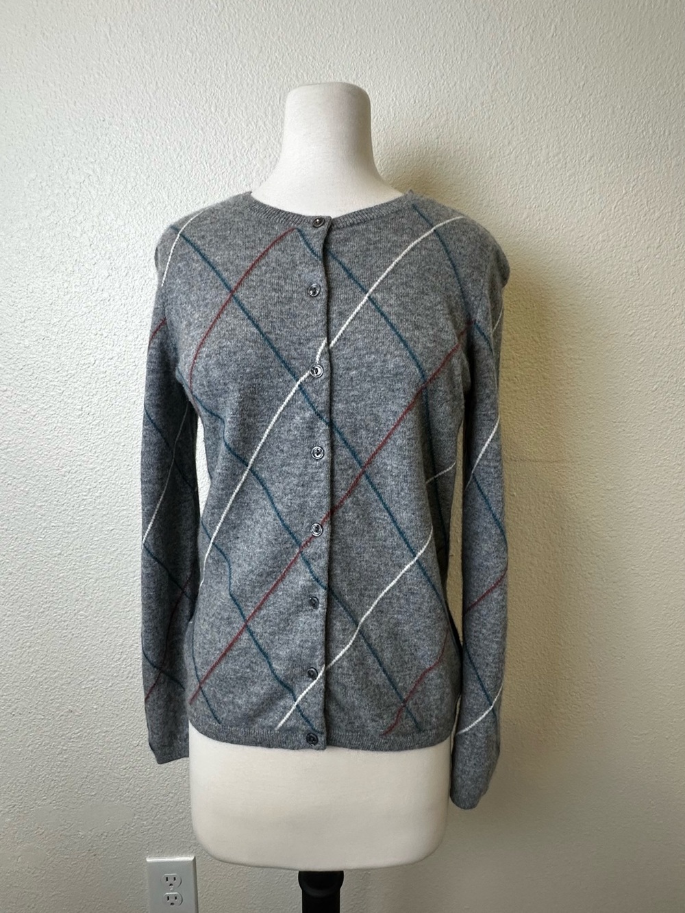 Lands' End Gray Argyle Button-Front Cardigan with Blue and Burgundy Accents